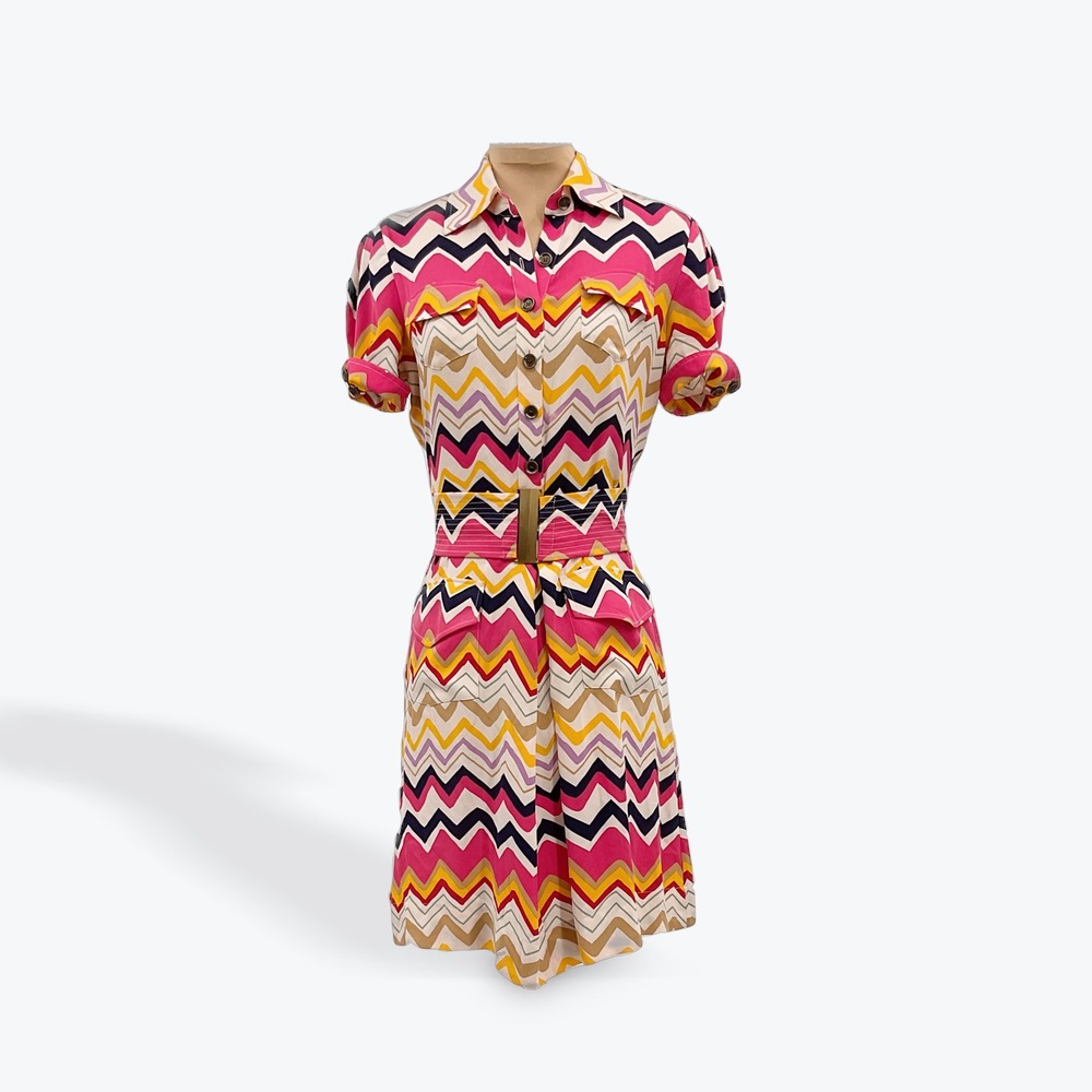 Diane von Furstenberg Silk Chevron Print Shirt Dress Pink Yellow Size 2